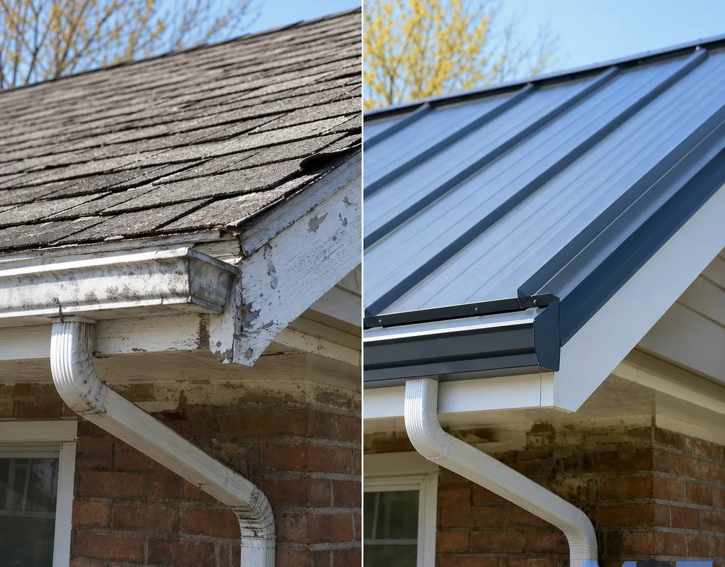 Before-and-after view of an Erie home changing from aged shingles to a new metal roof with clean drip edge and updated flashings