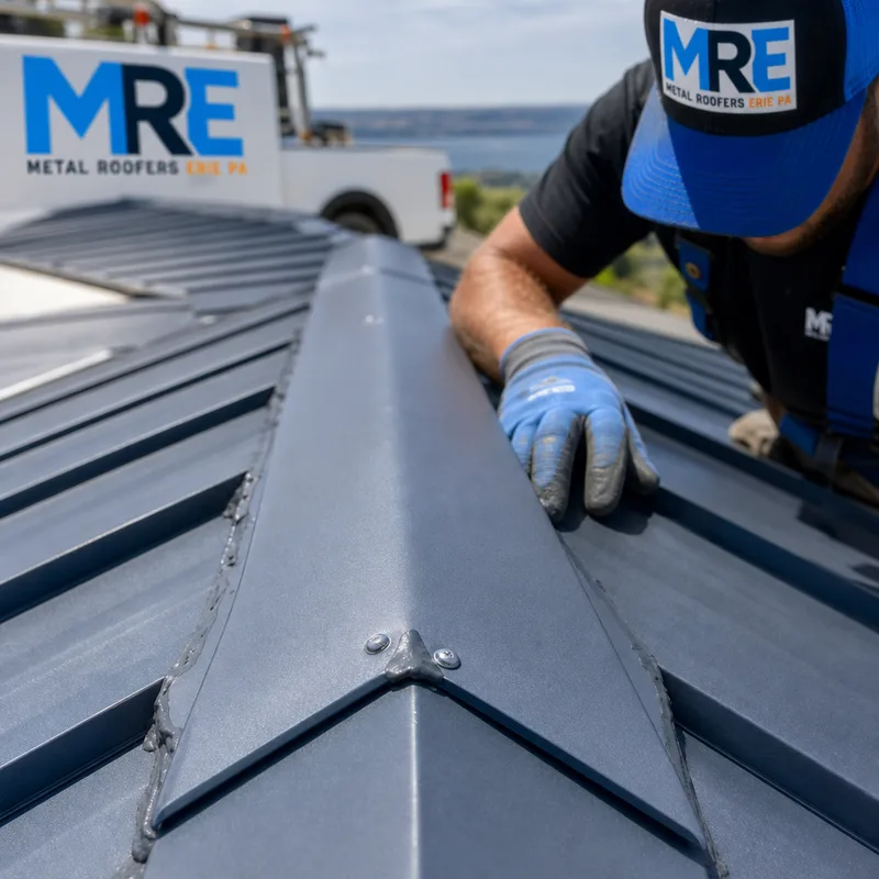 Tight straight ridge cap with matching fasteners and clean sealant work at closure strips on a metal roof