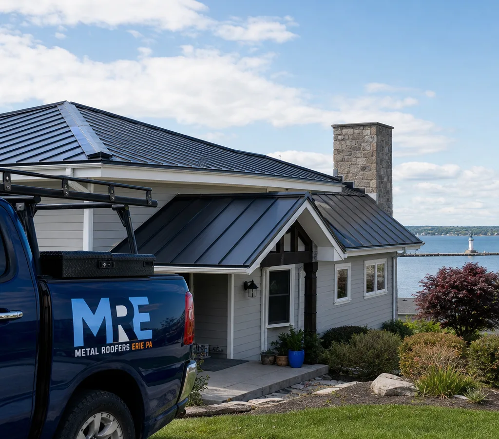 Street-level view of a recently installed standing seam metal roof on an Erie-area home with neat ridge and hip lines and properly finished eaves