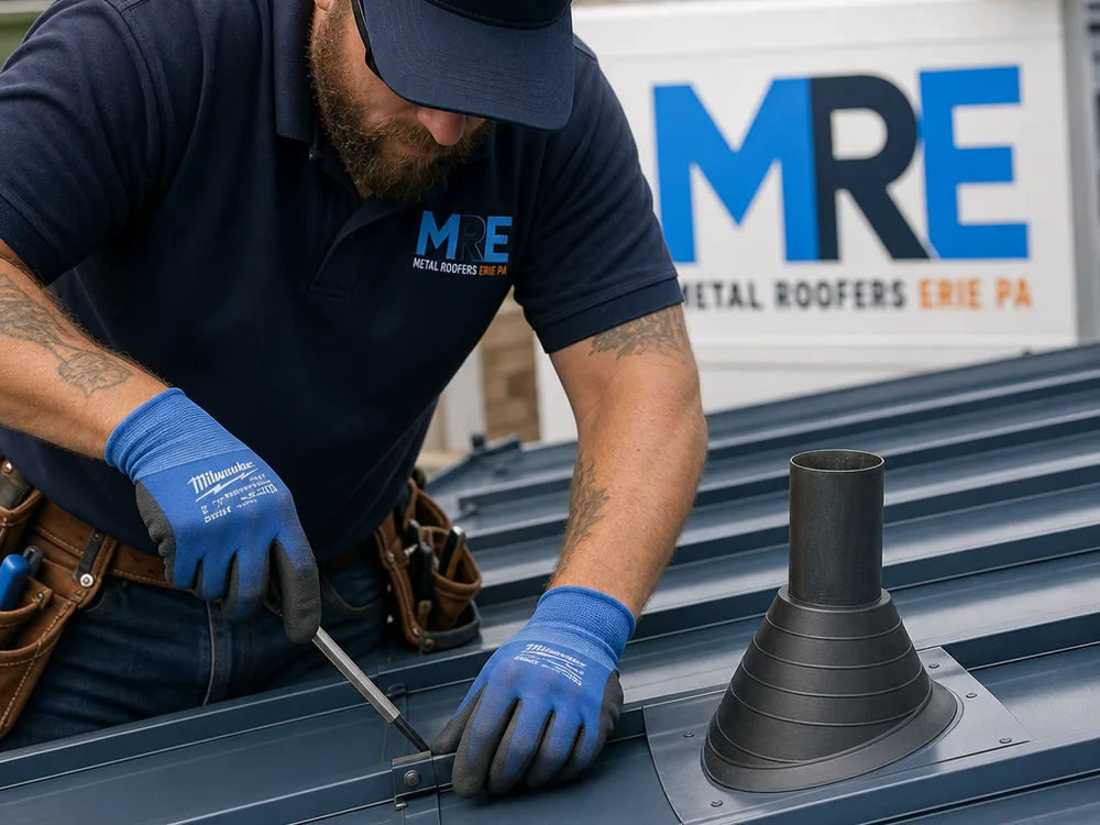 Close-up of a standing seam panel with crisp seams, correct clip placement, and clean flashing around a roof penetration
