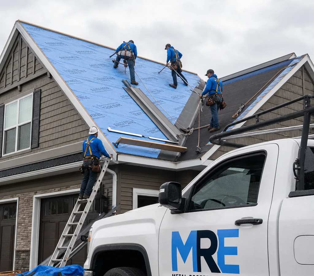 Roofing crew installing underlayment and flashing on a pitched Erie home with safe ladder setup and fall protection