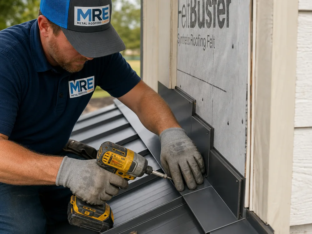 Roofer installing clean step-flashing laps along a sidewall with new underlayment visible