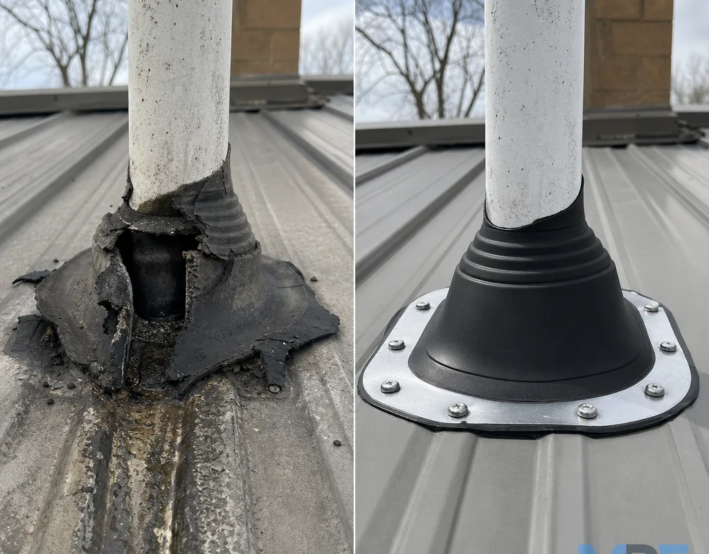 Before-and-after comparison of a failed roof penetration and the completed flashing and boot repair