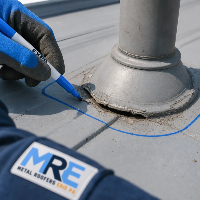 Close-up of deteriorated roof flashing and a lifted vent edge marked by a technician for repair