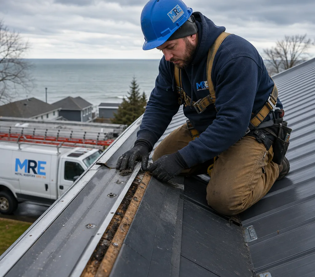 Roofing technician using fall protection while inspecting damaged flashing and fasteners on an Erie home after a storm