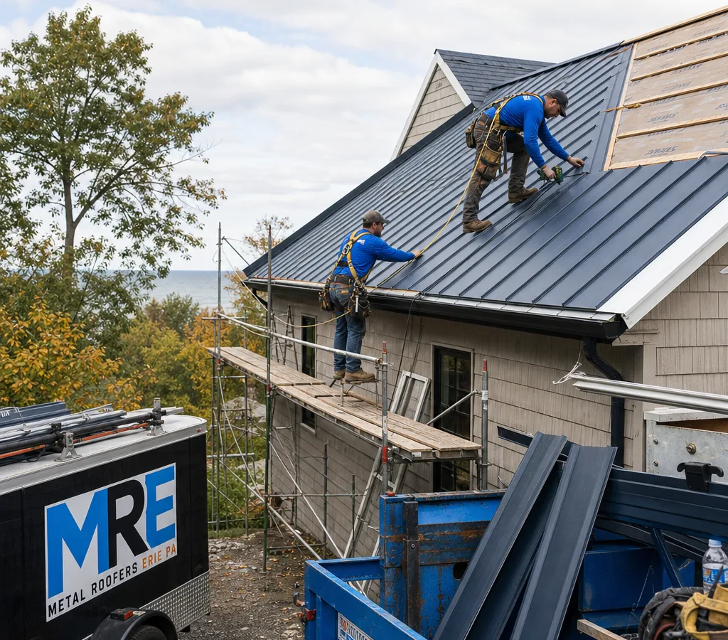 Crew installing a standing seam metal roof on an Erie home with safety equipment and organized staging