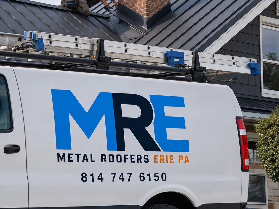 Roofer inspecting flashing and fasteners where a metal roof meets a chimney and valley
