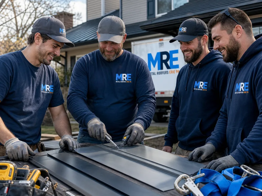 Erie roofing crew preparing metal panels and trim with organized tools and safety equipment